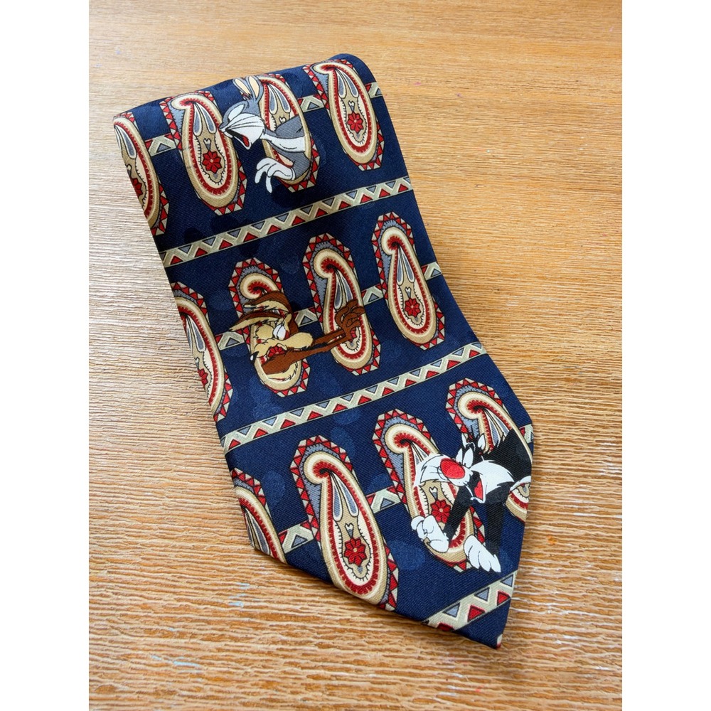 Vintage Looney Tunes Mania Navy Paisley Silk Blend Tie Bugs Bunny Daffy Duck 90s